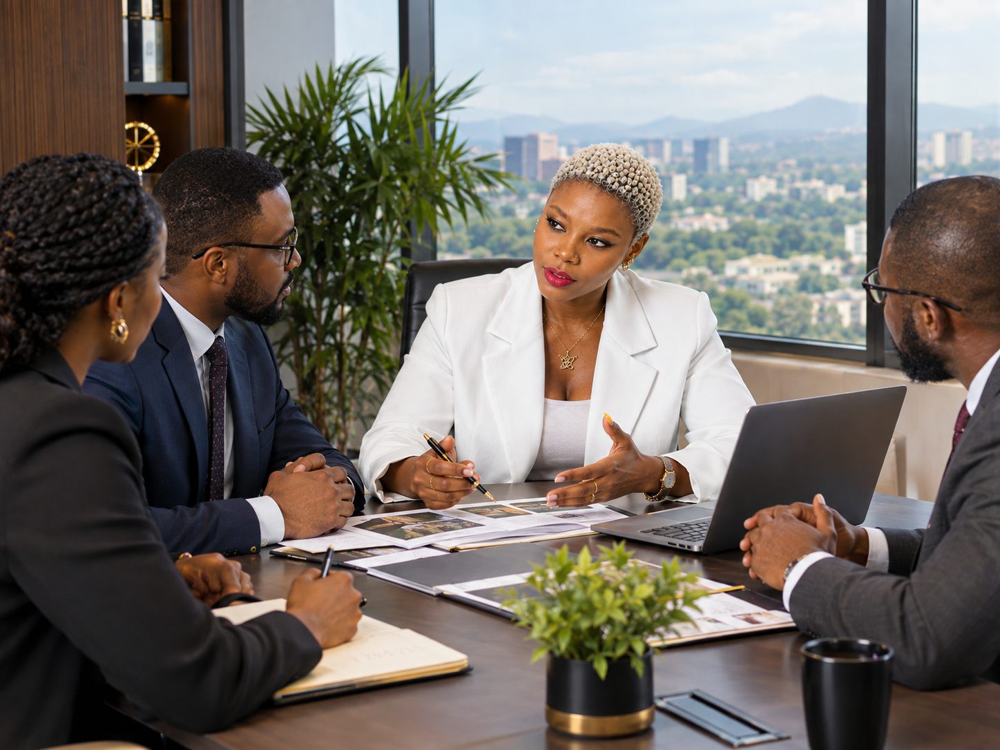 Business meeting between Mercy Eke and a real estate development team reviewing property plans