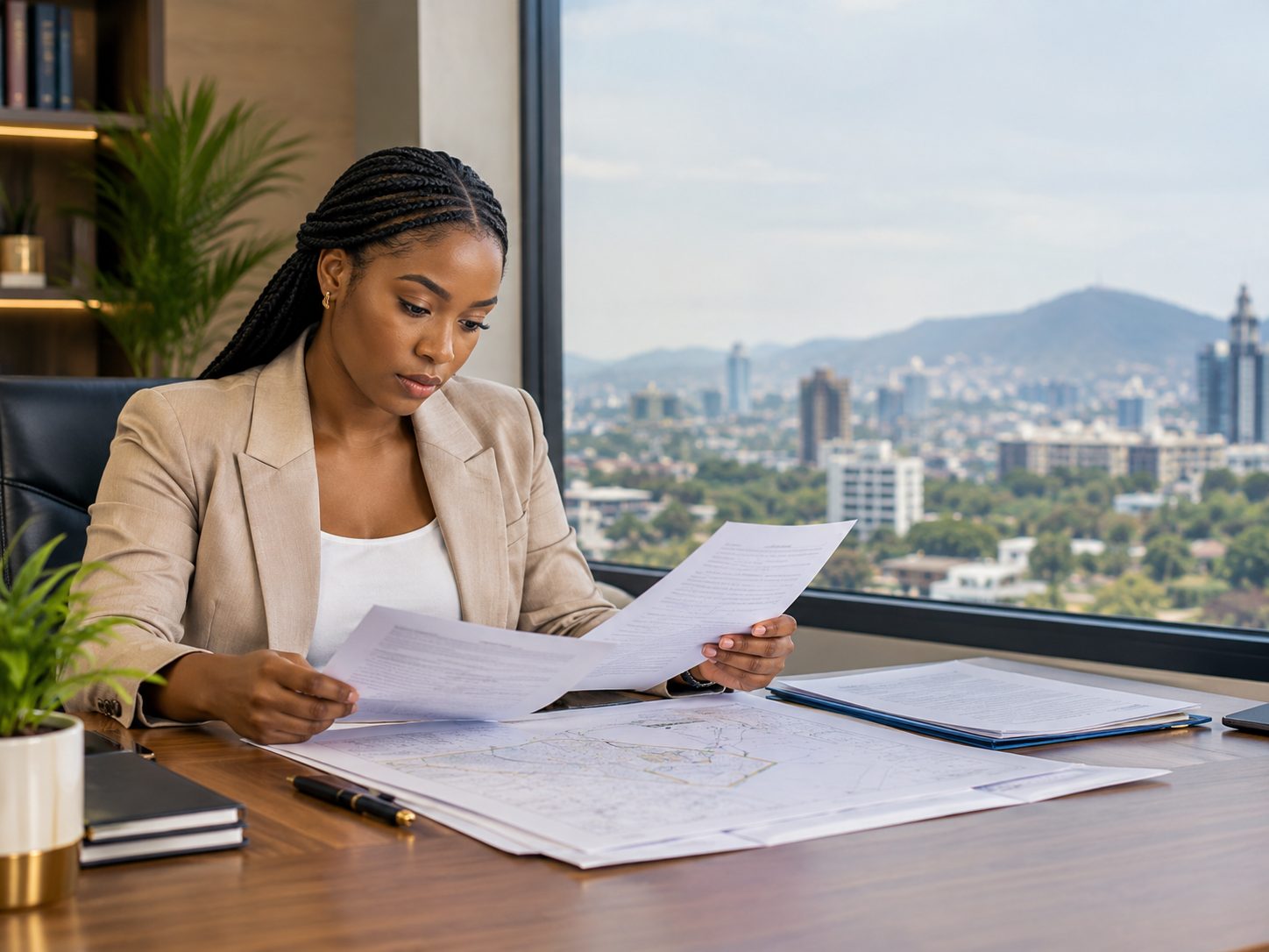 Property documents and land survey plans being reviewed at a desk with Abuja skyline in the background