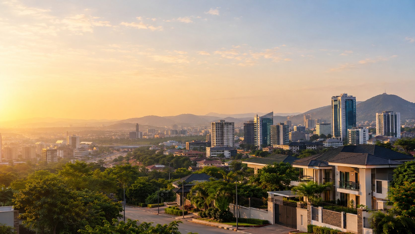 Sunset view over Abuja city skyline and residential estates