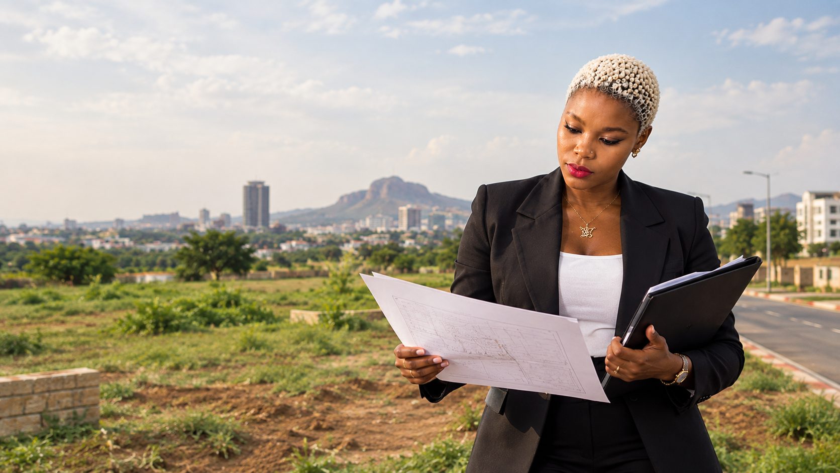 Mercy Eke reviewing a land survey plan on site in Abuja, city skyline in the background
