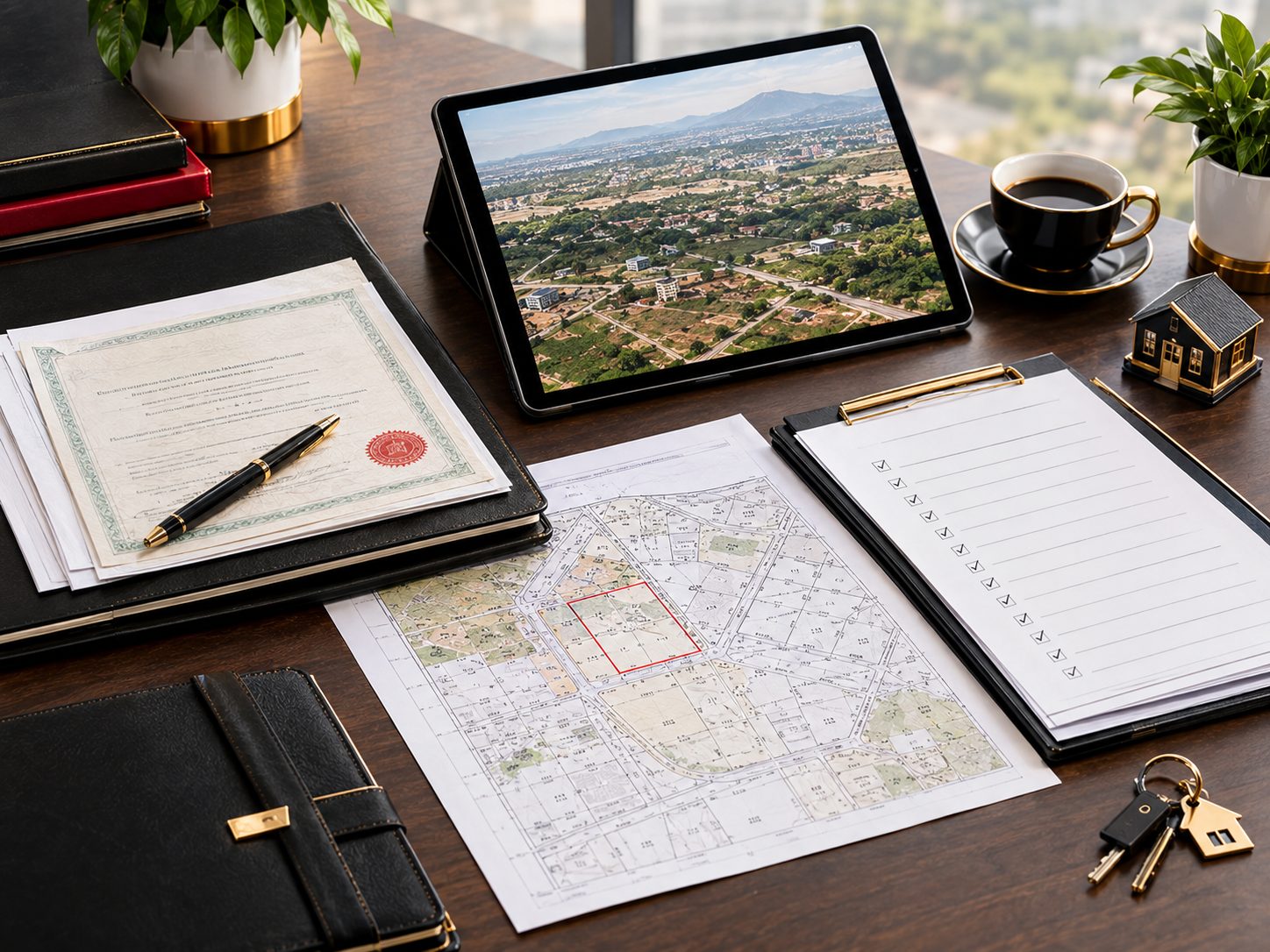 Verified land title documents, tablet showing an aerial plot map, and house keys ready for a safe purchase