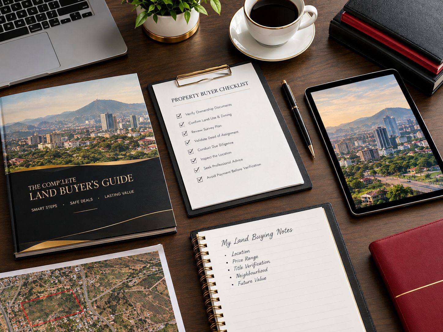 Land buyer's guide book, printed checklist and notes laid out on a desk