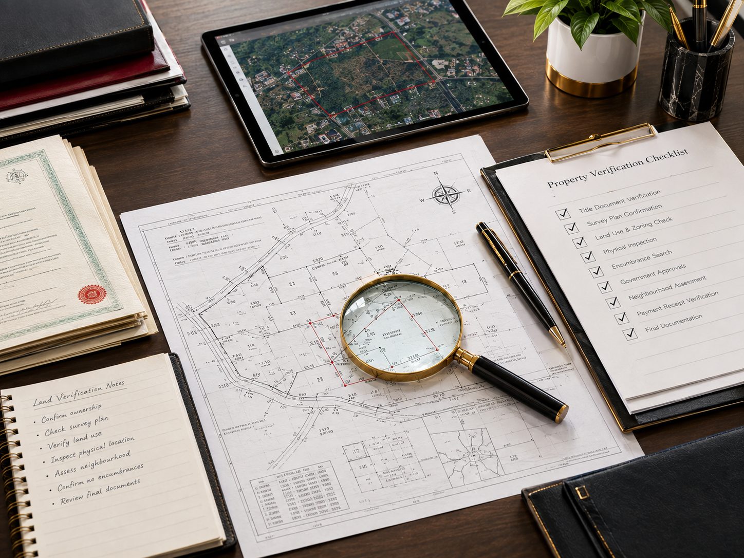 Land survey plan being examined with a magnifying glass alongside a property verification checklist